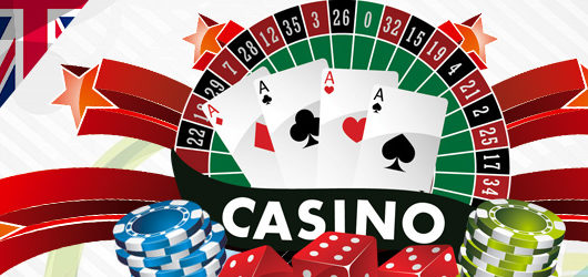Ordet casino omgivet av ett rouletthjul, spelkort, spelmarker och tärningar