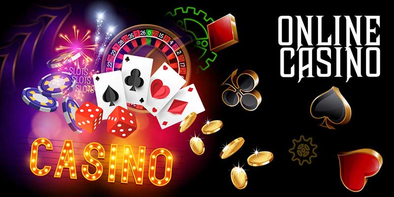 Orden casino och online casino med spelmarker, tärningar, spelkort, rouletthjul, guldmynt med mera